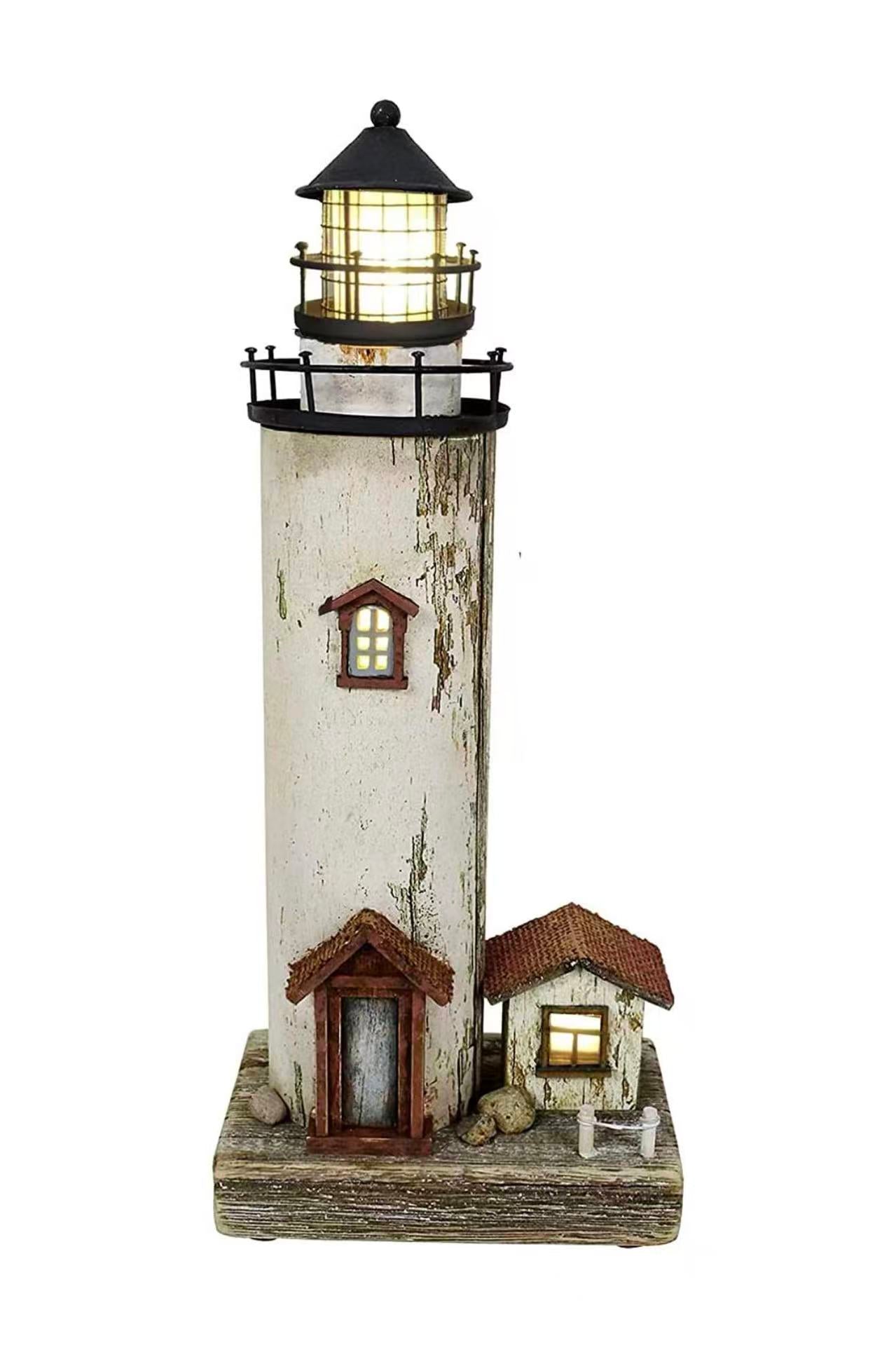 Rustic lighthouse with LED light, perfect as a nightlight for beach-themed living rooms, kids' rooms, or bathrooms.