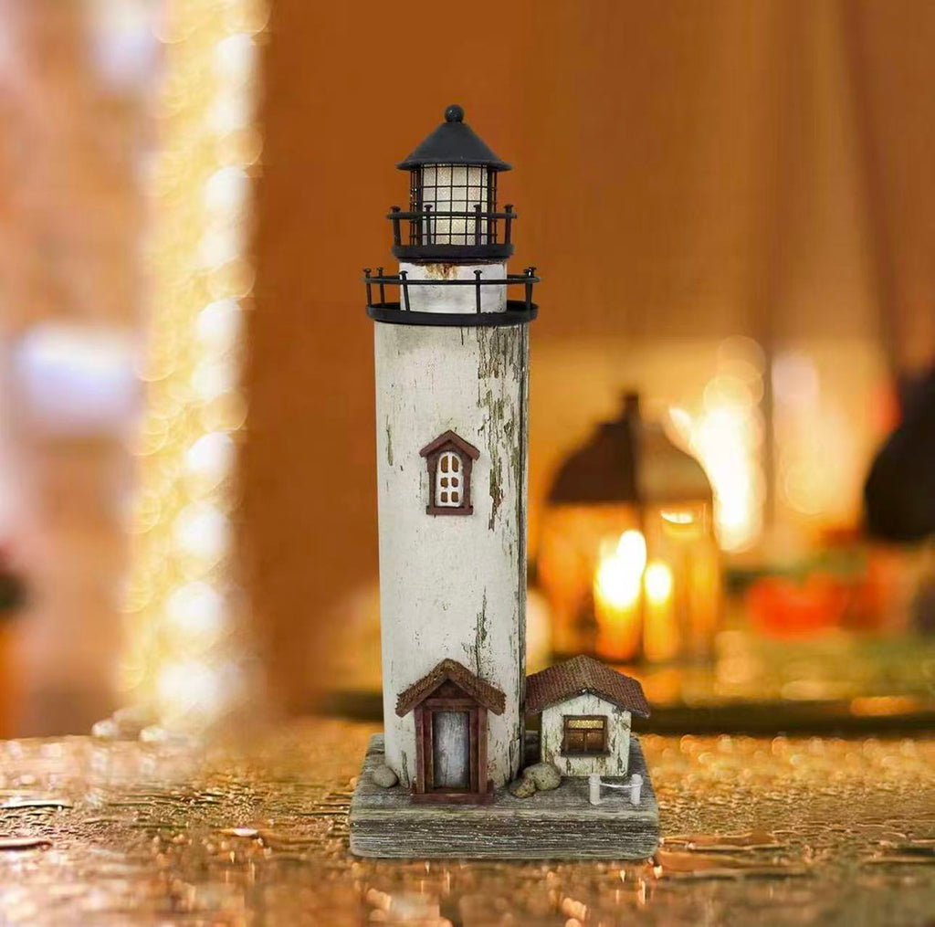 Rustic lighthouse with LED light, perfect as a nightlight for beach-themed living rooms, kids' rooms, or bathrooms.