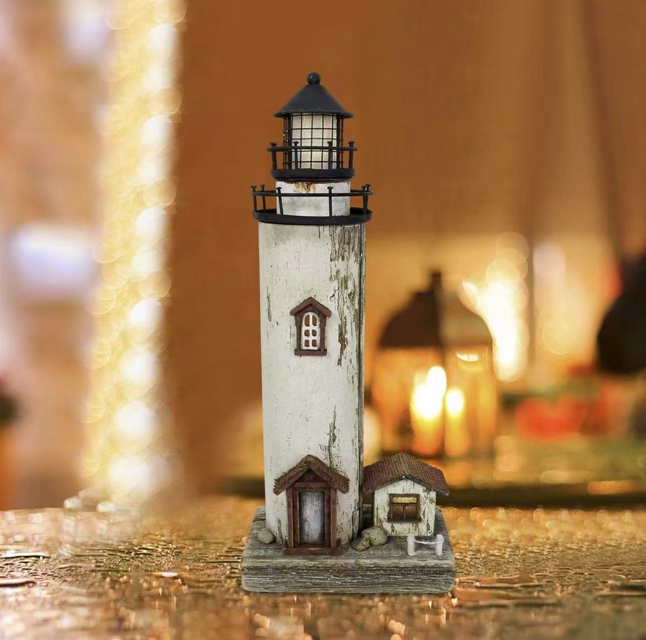 Rustic lighthouse with LED light, perfect as a nightlight for beach-themed living rooms, kids' rooms, or bathrooms.