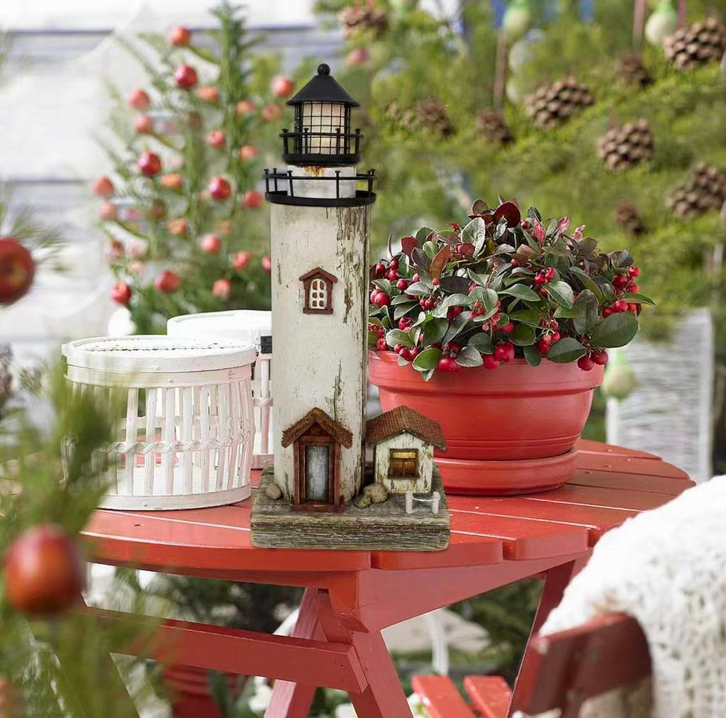 Rustic lighthouse with LED light, perfect as a nightlight for beach-themed living rooms, kids' rooms, or bathrooms.