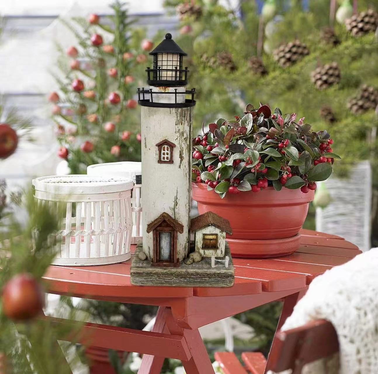 Rustic lighthouse with LED light, perfect as a nightlight for beach-themed living rooms, kids' rooms, or bathrooms.
