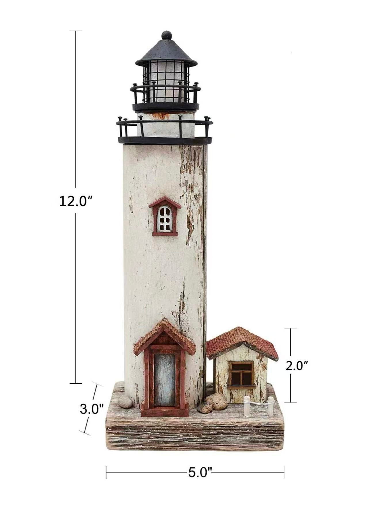 Rustic lighthouse with LED light, perfect as a nightlight for beach-themed living rooms, kids' rooms, or bathrooms.