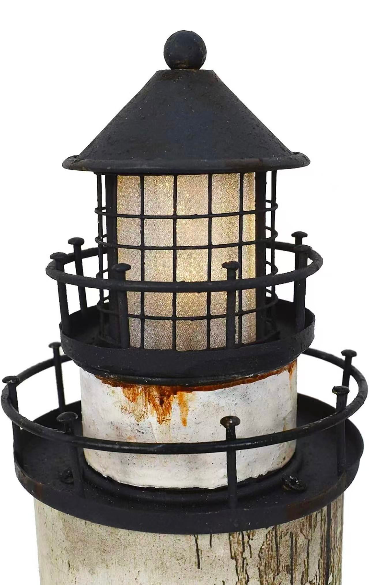 Rustic lighthouse with LED light, perfect as a nightlight for beach-themed living rooms, kids' rooms, or bathrooms.