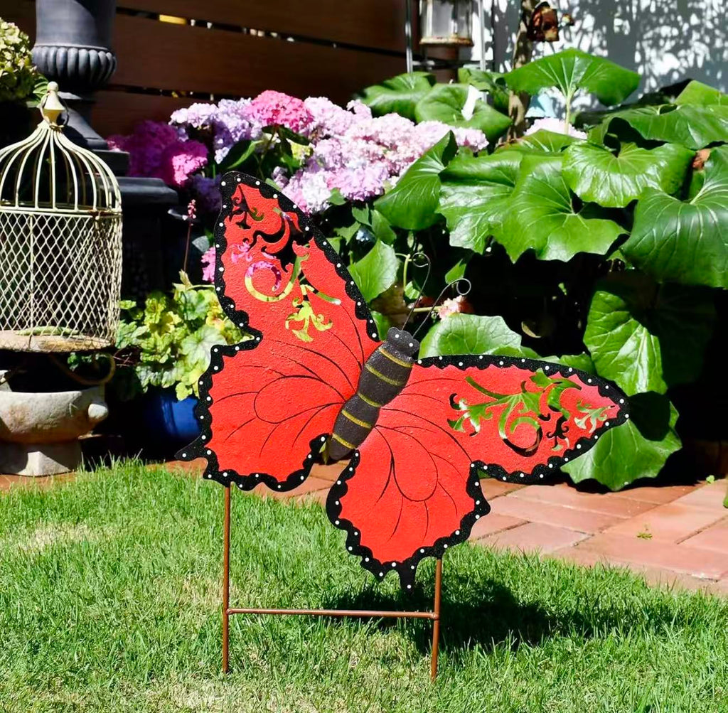 Butterfly Garden Stake Outdoor Garden Decoration for Patio Porch Lawn Pathway Backyard (Red)