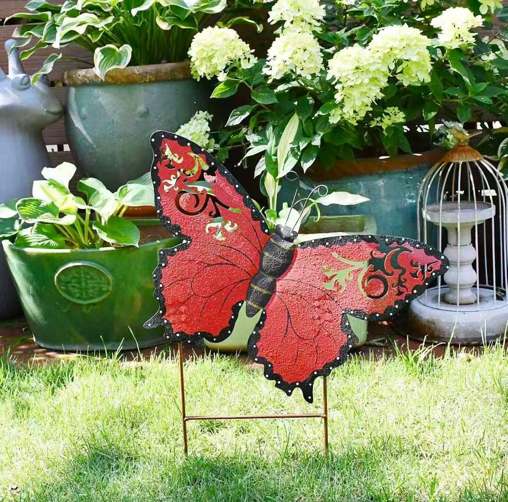 Butterfly Garden Stake Outdoor Garden Decoration for Patio Porch Lawn Pathway Backyard (Red)