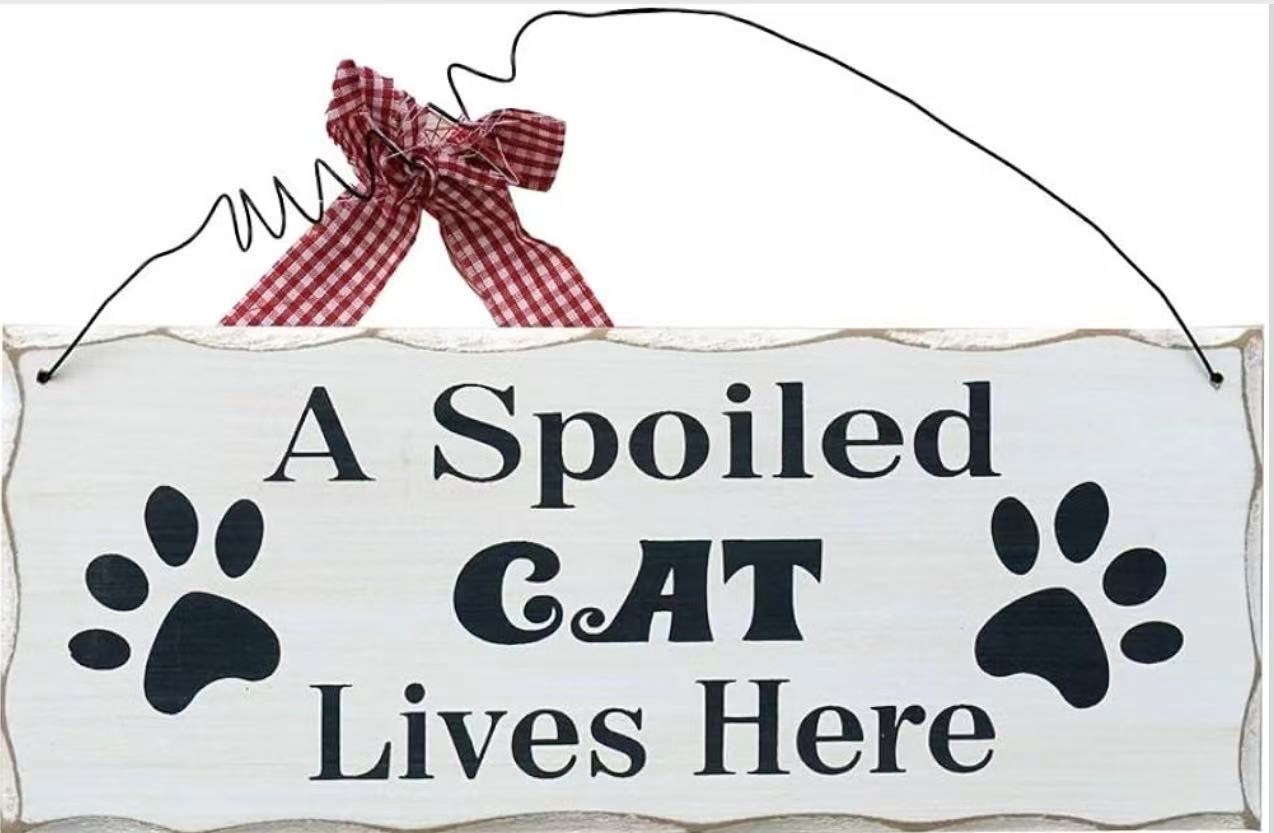 Wooden Cat Lover Sign - Hanging Decorative Plaque 'A Spoiled Cat Lives Here' - 4x10in