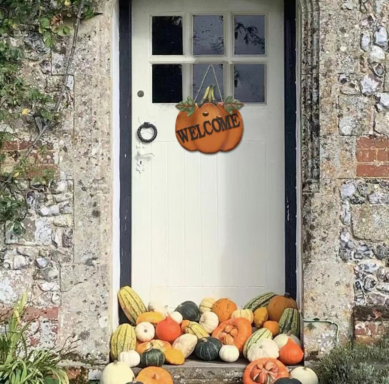 Wood Pumpkin Welcome Sign – Rustic Fall Door Decor for Autumn, Thanksgiving, and Halloween. Perfect for Indoor/Outdoor Use (9.75" x 9.5").