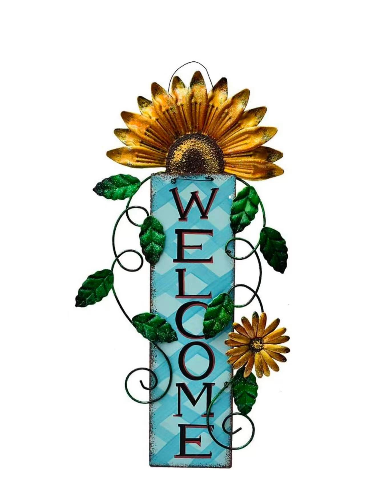 Metal Flower Welcome Sign – Hanging Wall Art for Front Door, Patio, Garden, or Porch Decor 15.25" x 8.5", （Blue)