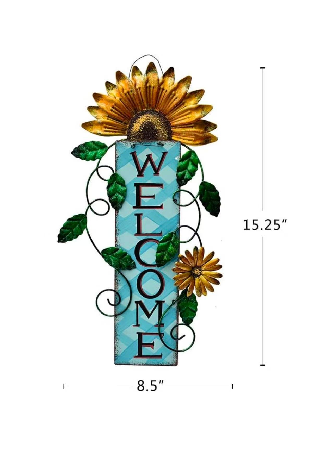 Metal Flower Welcome Sign – Hanging Wall Art for Front Door, Patio, Garden, or Porch Decor 15.25" x 8.5", （Blue)