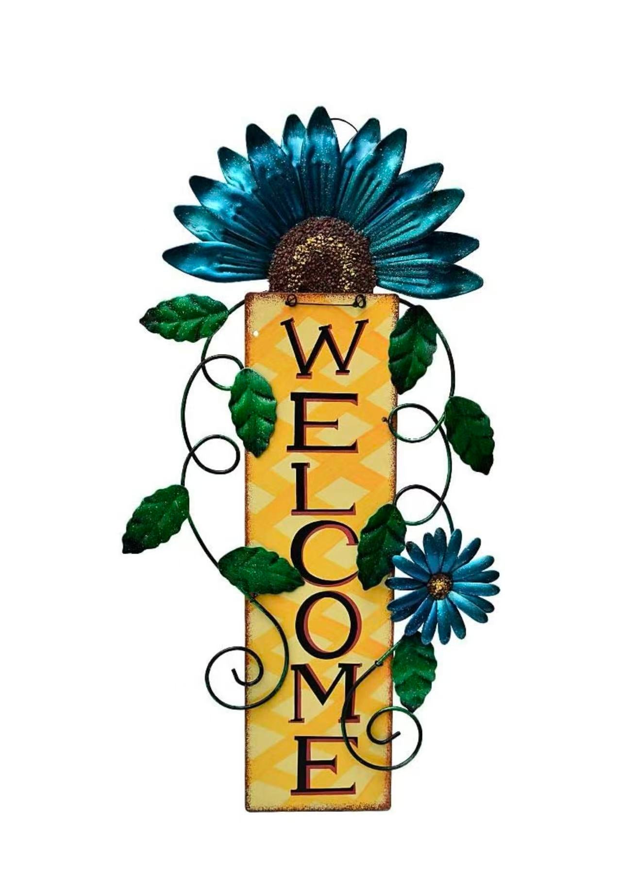 Metal Flower Welcome Sign – Hanging Wall Art for Front Door, Patio, Garden, or Porch Decor 15.25" x 8.5"