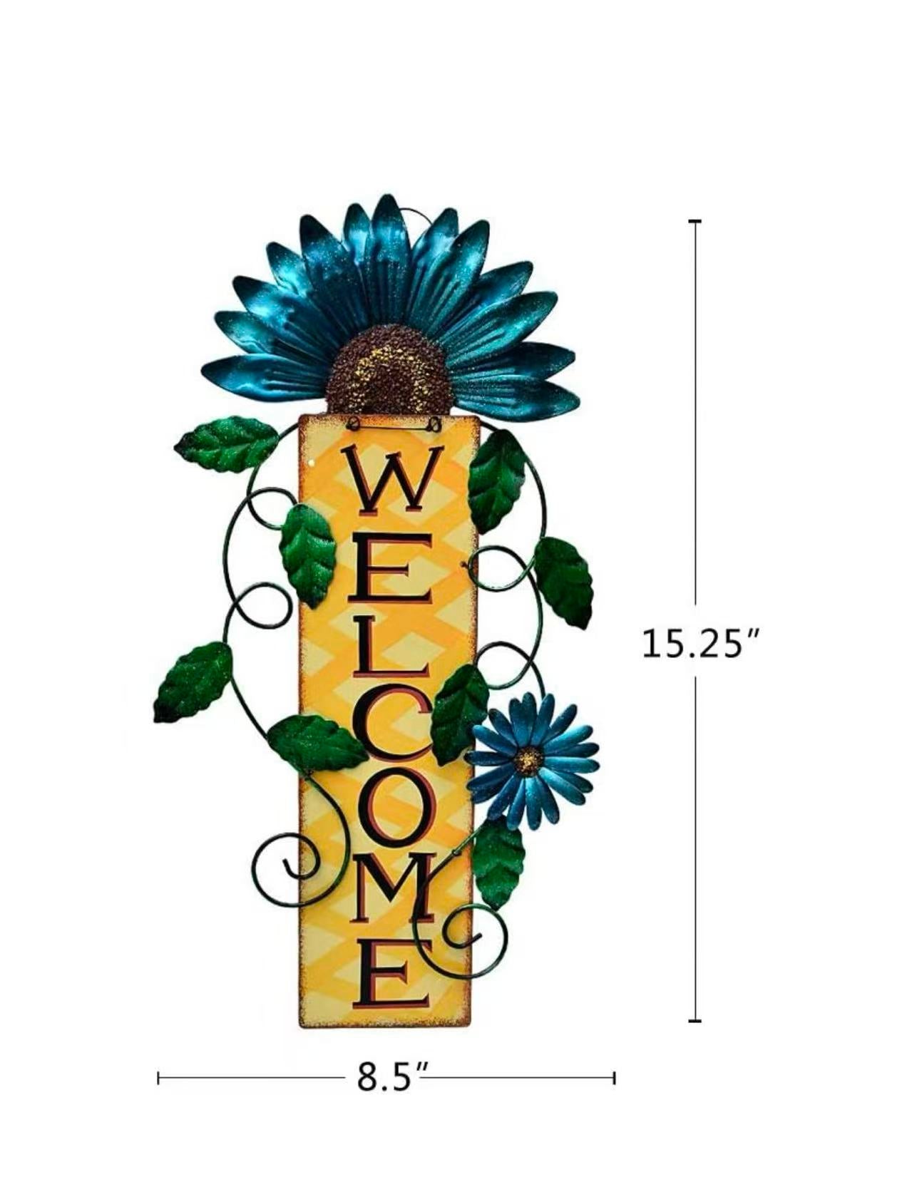 Metal Flower Welcome Sign – Hanging Wall Art for Front Door, Patio, Garden, or Porch Decor 15.25" x 8.5"