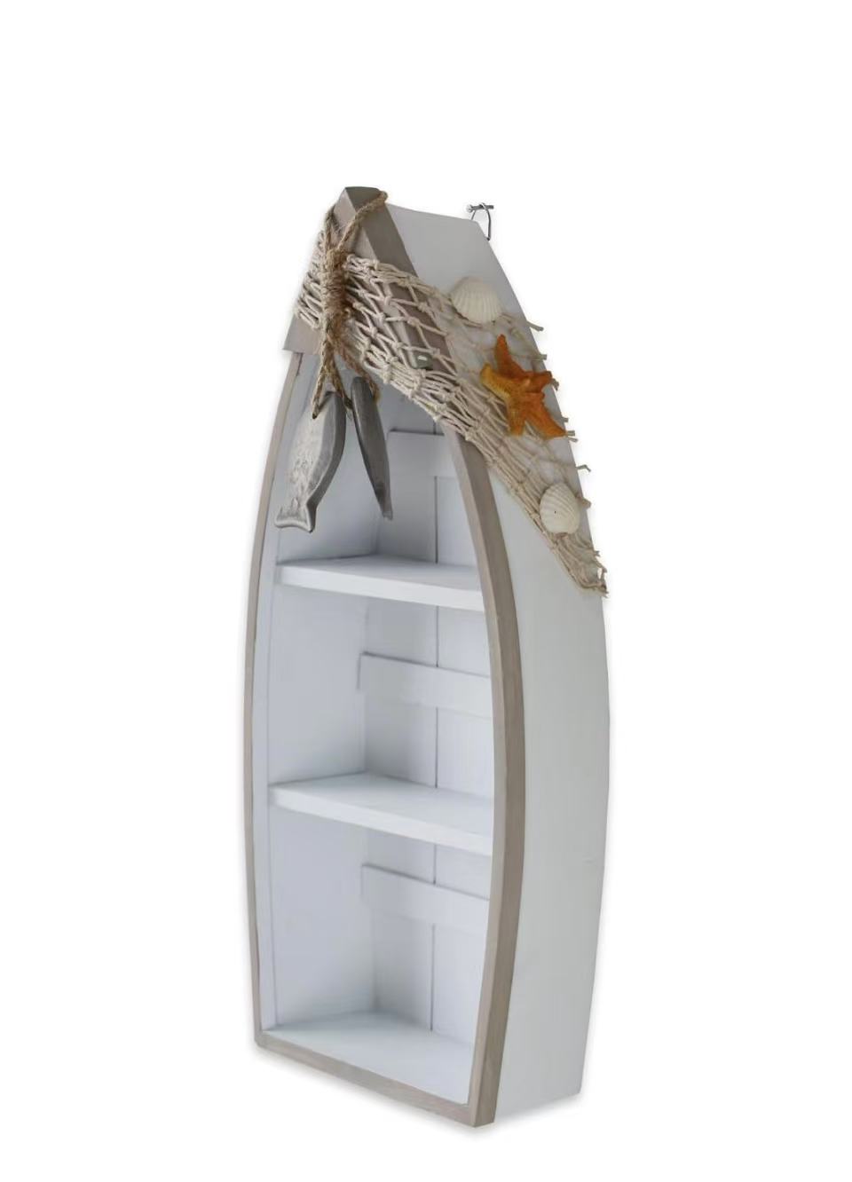 Wooden Boat Shelf – 16.5" Standing Display with Fish Net, Starfish, and Seashell Accents. White Beach Nautical Theme Decor