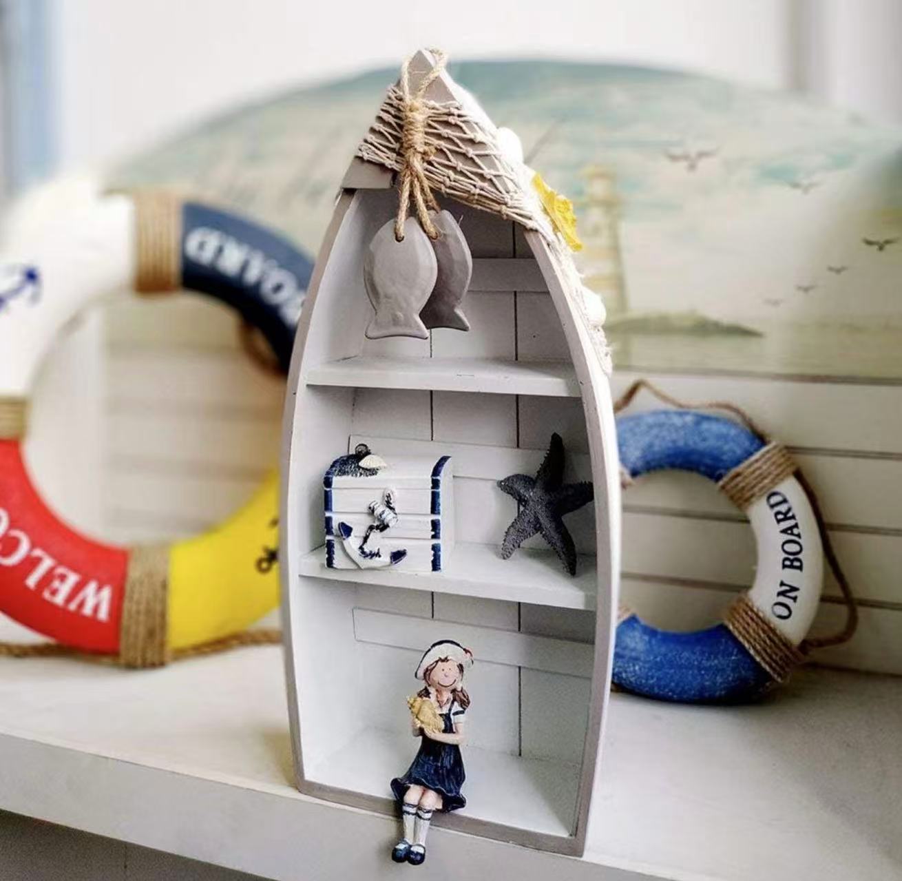 Wooden Boat Shelf – 16.5" Standing Display with Fish Net, Starfish, and Seashell Accents. White Beach Nautical Theme Decor