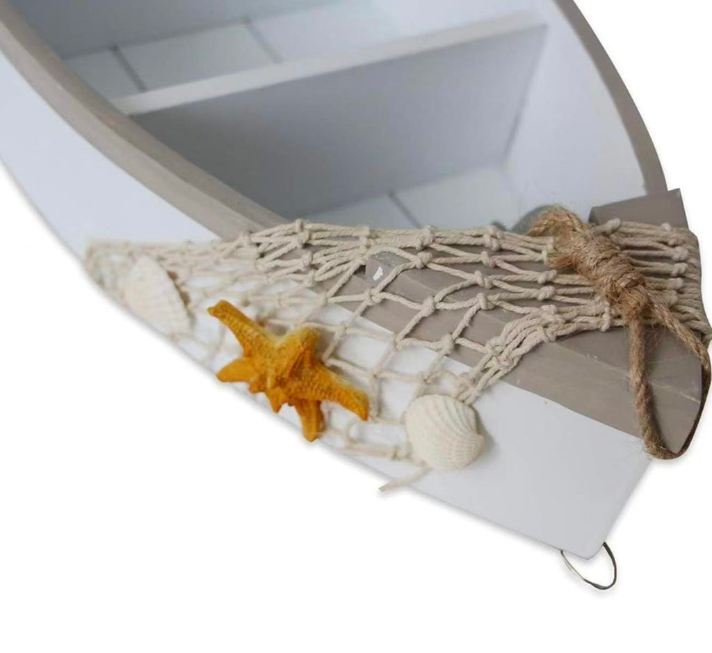 Wooden Boat Shelf – 16.5" Standing Display with Fish Net, Starfish, and Seashell Accents. White Beach Nautical Theme Decor