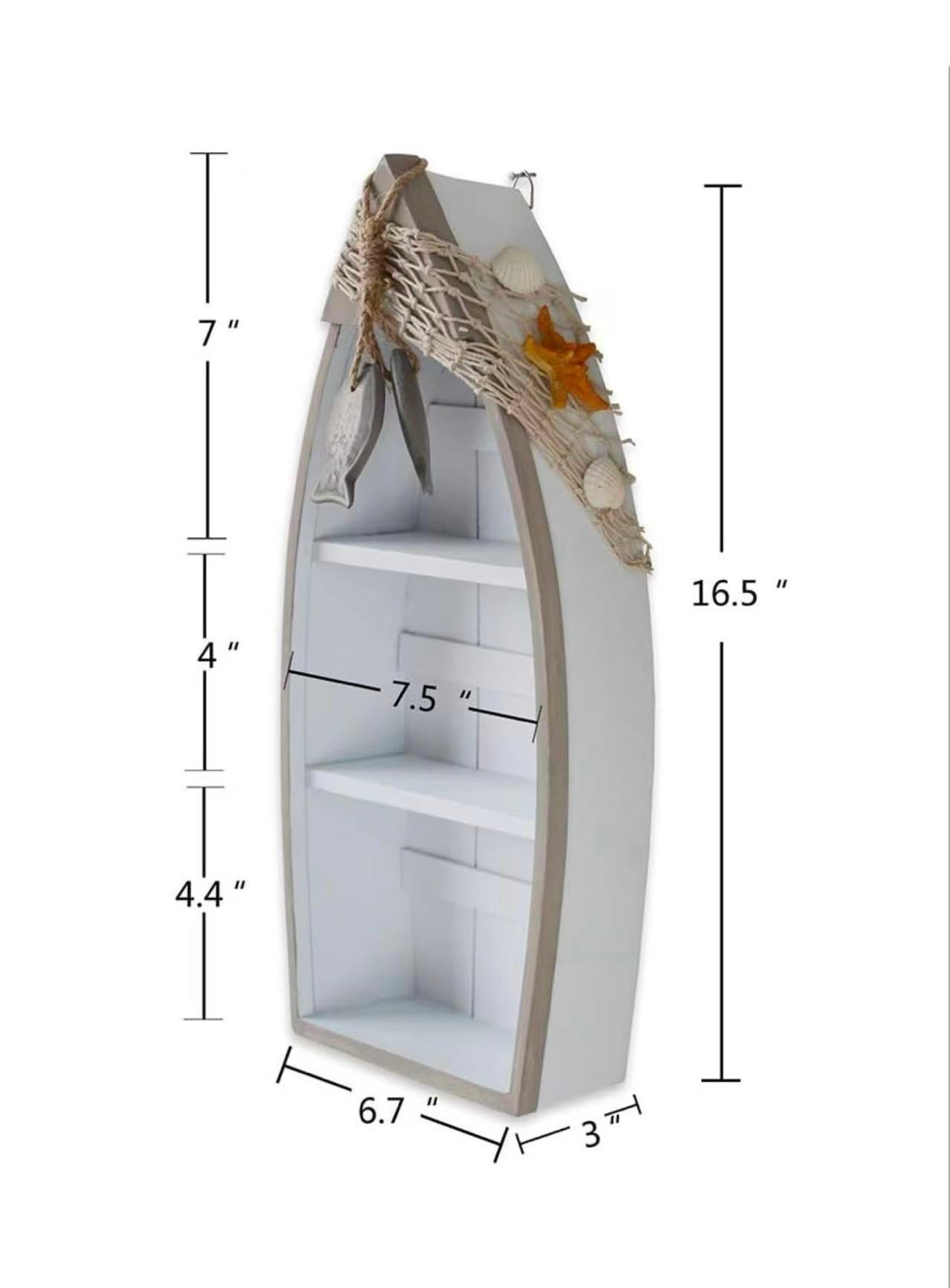 Wooden Boat Shelf – 16.5" Standing Display with Fish Net, Starfish, and Seashell Accents. White Beach Nautical Theme Decor