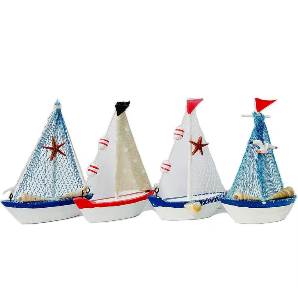 Wooden Sailboat Model Set of 4–4.3"H with Fish Net, Starfish, and Seashell Accents. White Beach Nautical Theme Decor.