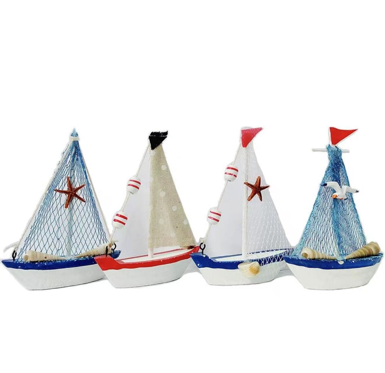 Wooden Sailboat Model Set of 4–4.3"H with Fish Net, Starfish, and Seashell Accents. White Beach Nautical Theme Decor.