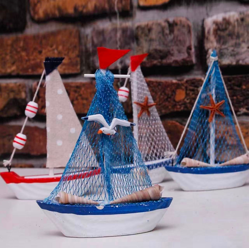 Wooden Sailboat Model Set of 4–4.3"H with Fish Net, Starfish, and Seashell Accents. White Beach Nautical Theme Decor.
