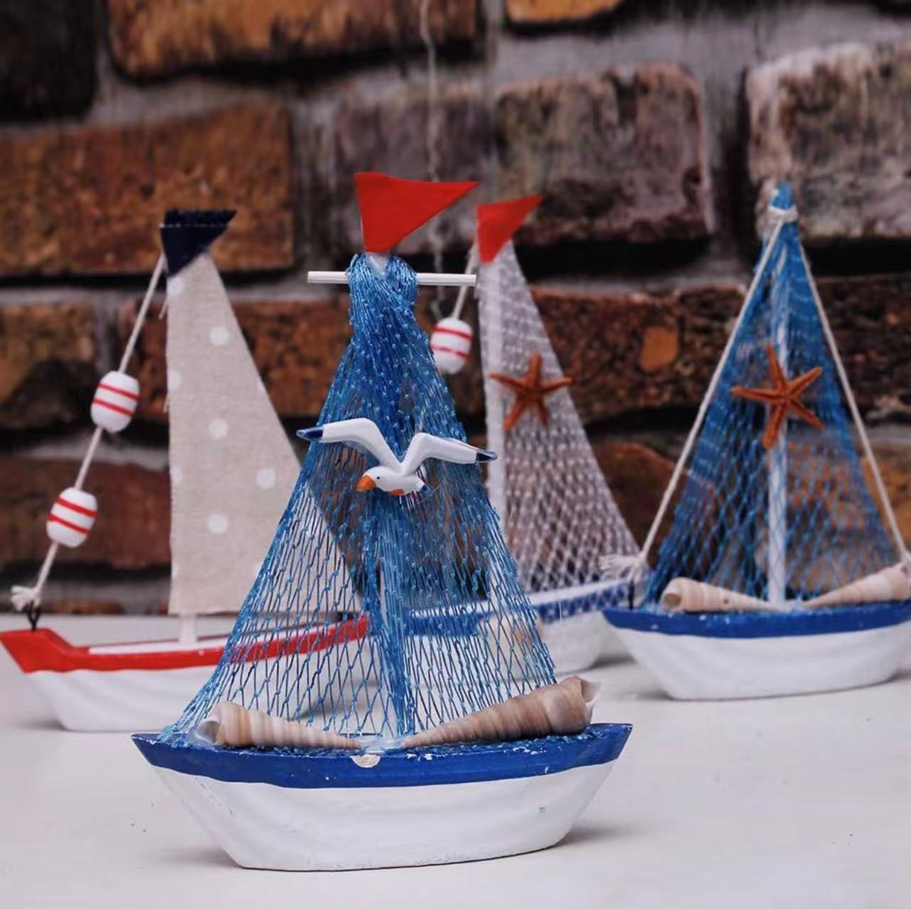 Wooden Sailboat Model Set of 4–4.3"H with Fish Net, Starfish, and Seashell Accents. White Beach Nautical Theme Decor.