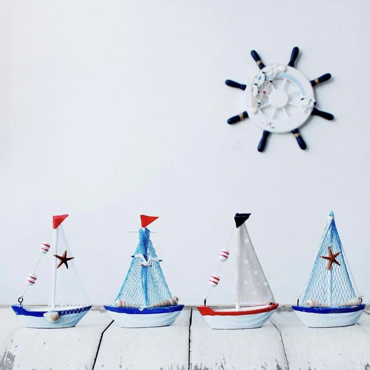 Wooden Sailboat Model Set of 4–4.3"H with Fish Net, Starfish, and Seashell Accents. White Beach Nautical Theme Decor.