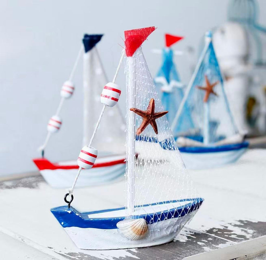 Wooden Sailboat Model Set of 4–4.3"H with Fish Net, Starfish, and Seashell Accents. White Beach Nautical Theme Decor.