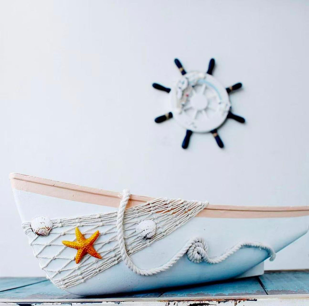 Wooden Boat Tray Decor –17"L Canoe Tray with Fish Net, Starfish, and Seashell Accents. White Beach Nautical Theme.
