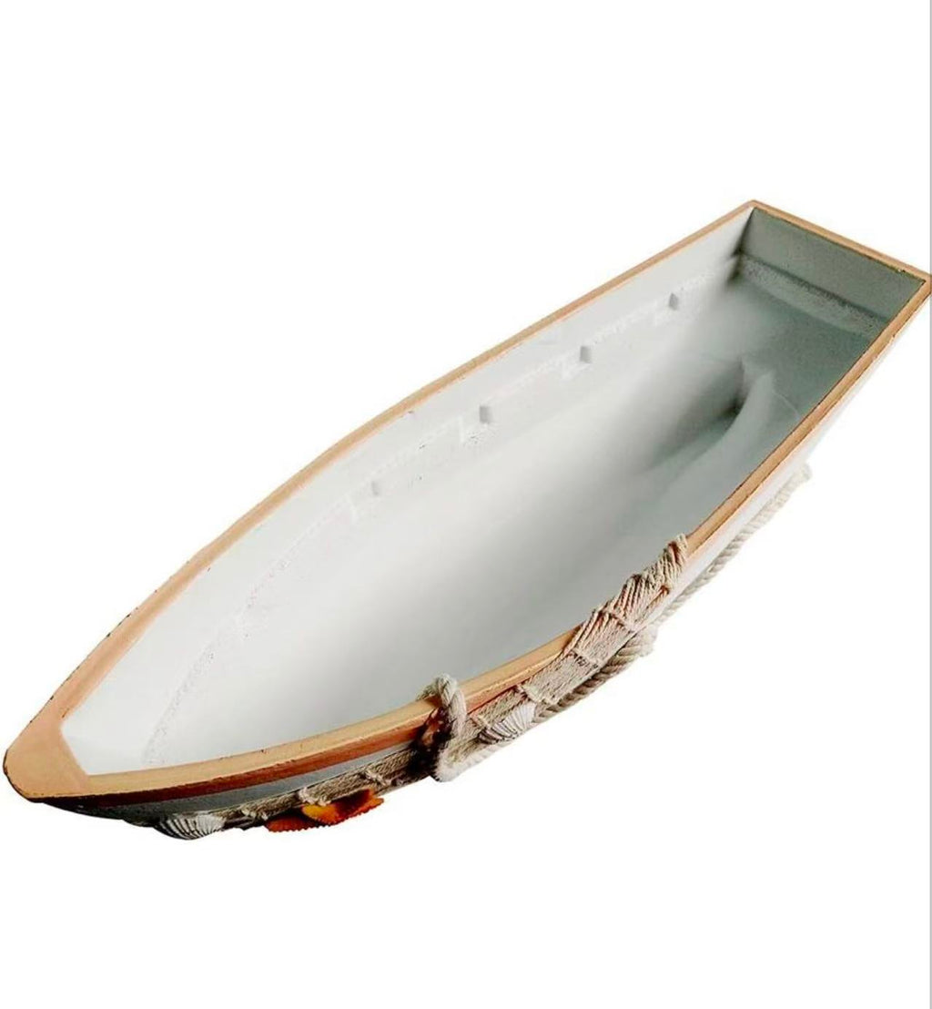 Wooden Boat Tray Decor –17"L Canoe Tray with Fish Net, Starfish, and Seashell Accents. White Beach Nautical Theme.
