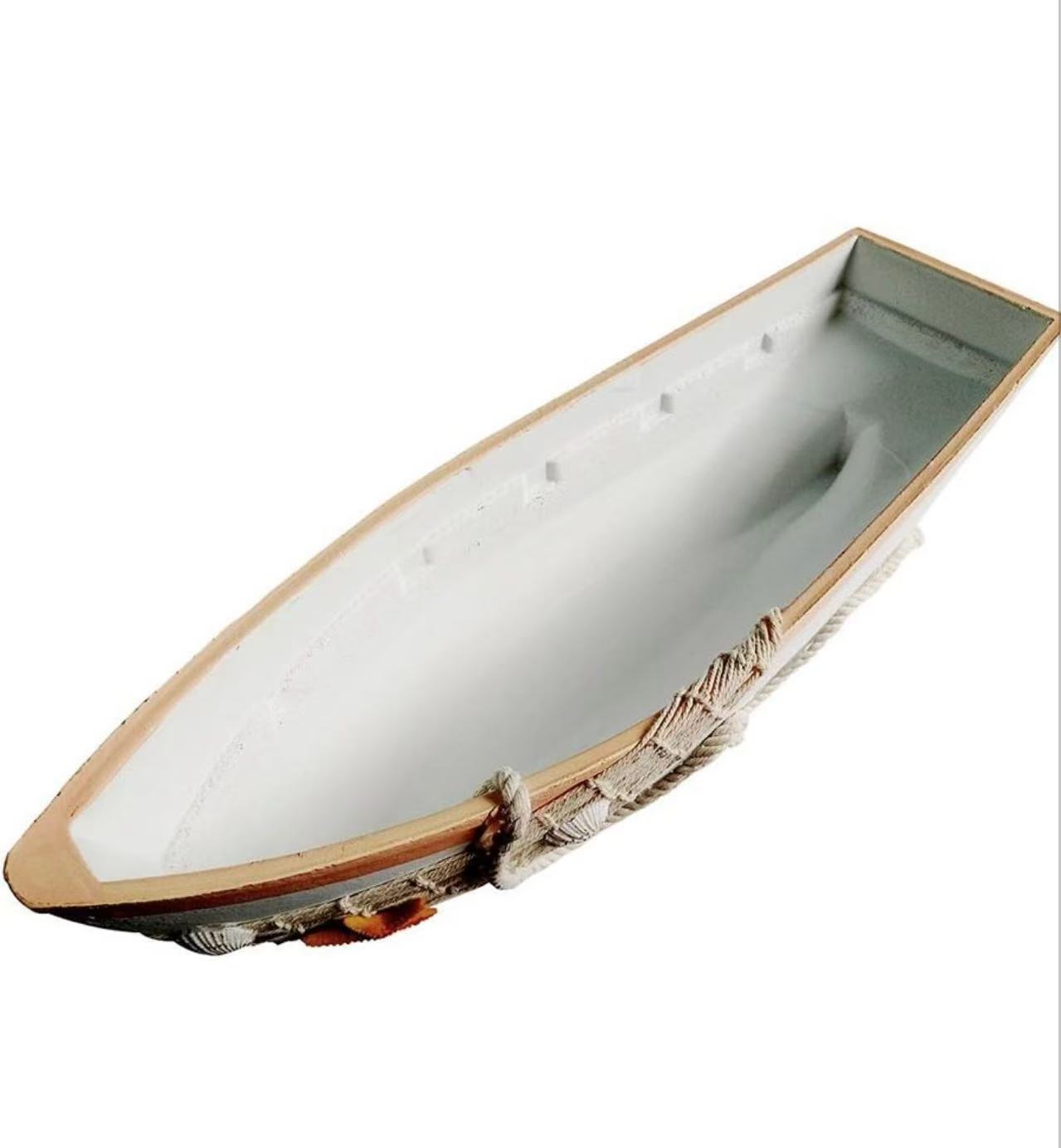 Wooden Boat Tray Decor –17"L Canoe Tray with Fish Net, Starfish, and Seashell Accents. White Beach Nautical Theme.
