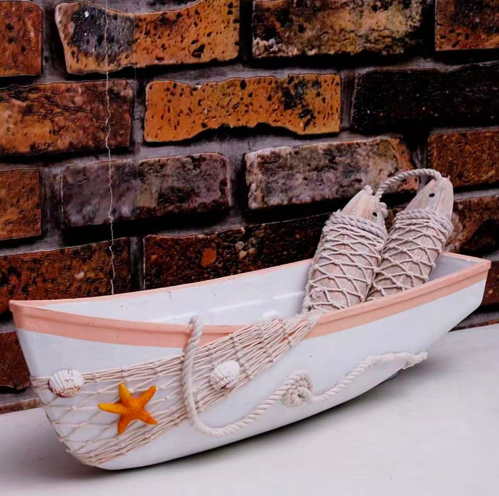 Wooden Boat Tray Decor –17"L Canoe Tray with Fish Net, Starfish, and Seashell Accents. White Beach Nautical Theme.