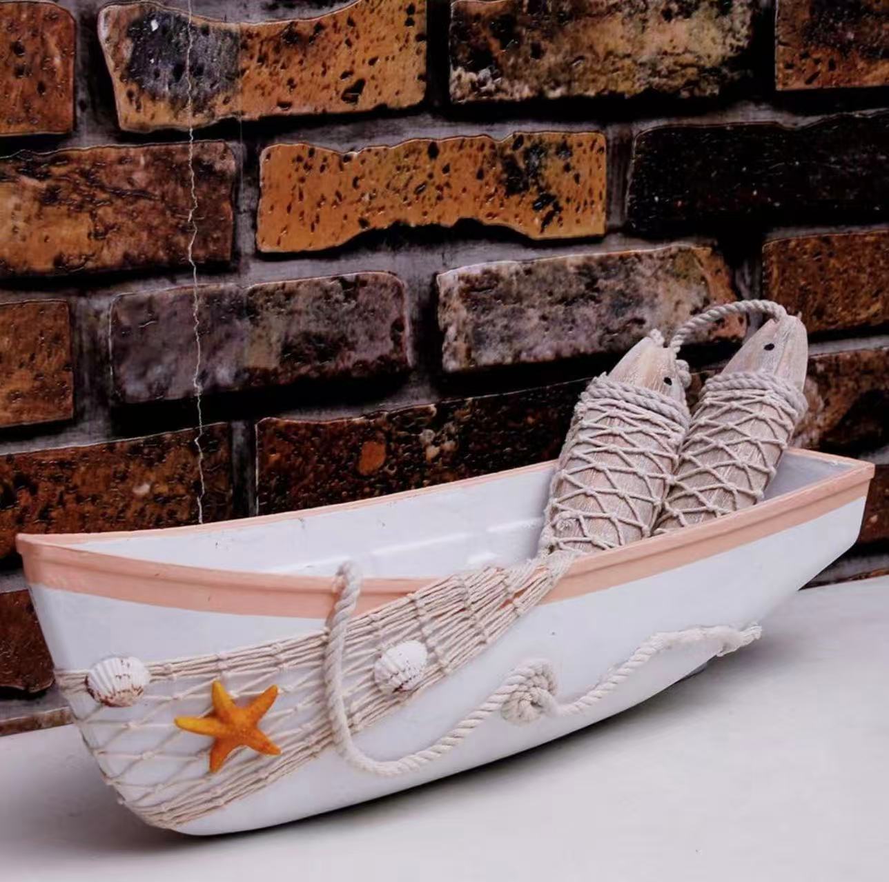 Wooden Boat Tray Decor –17"L Canoe Tray with Fish Net, Starfish, and Seashell Accents. White Beach Nautical Theme.