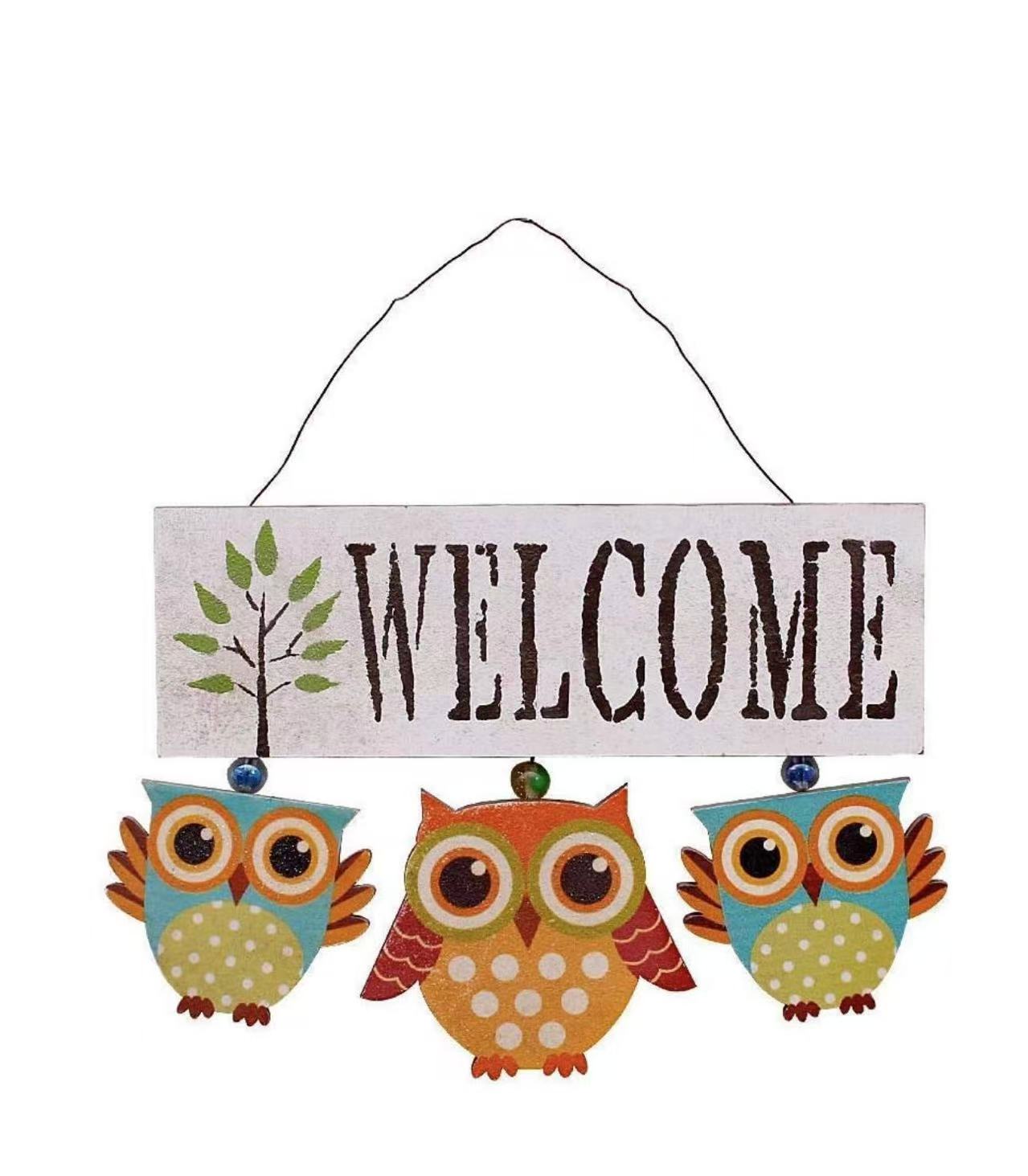 Primitive Country Wood Welcome Owl Sign – Rustic Wall Art (WHITE)