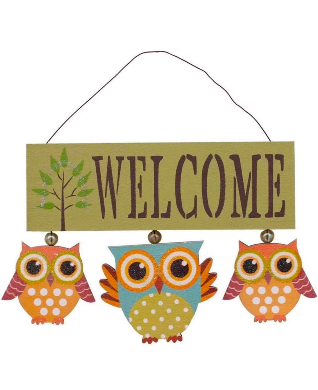 Primitive Country Wood Welcome Owl Sign Door Hanging Owls Decor Wall Art (GREEN)