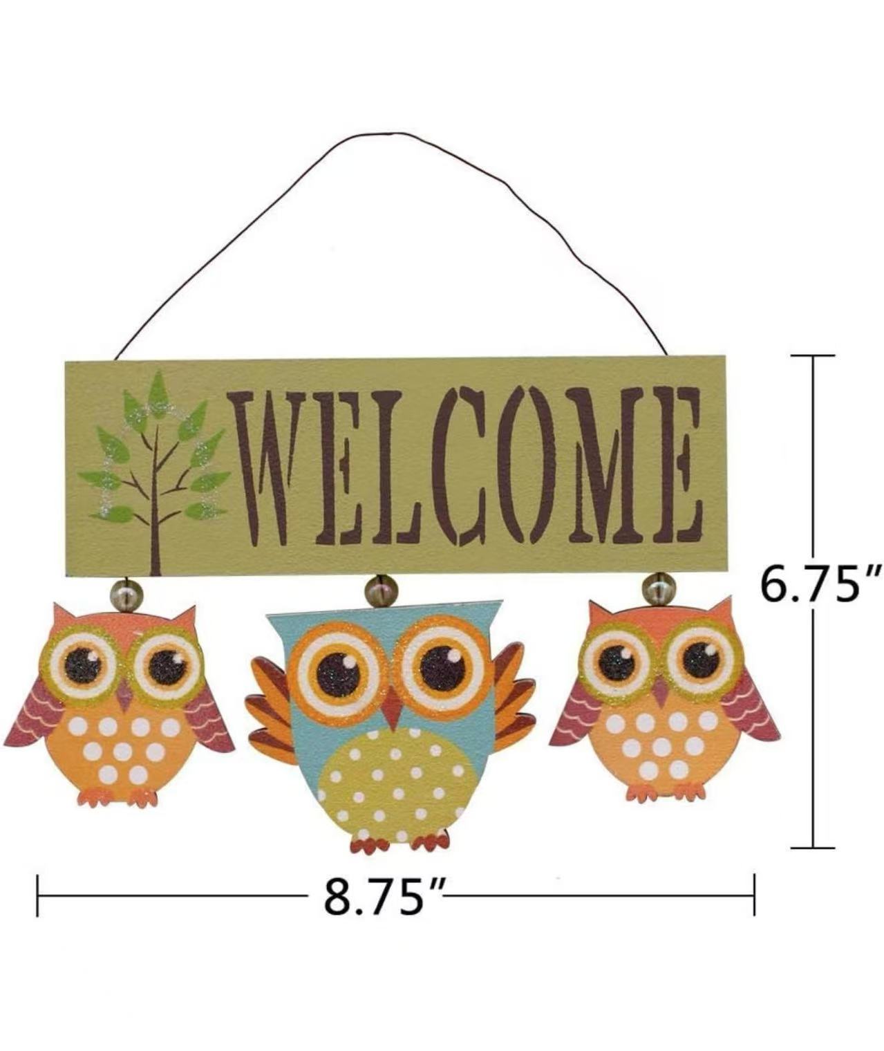 Primitive Country Wood Welcome Owl Sign Door Hanging Owls Decor Wall Art (GREEN)