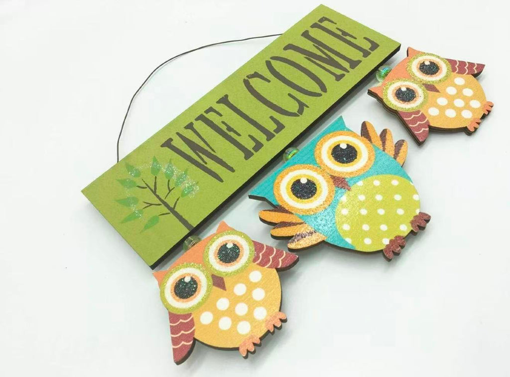 Primitive Country Wood Welcome Owl Sign Door Hanging Owls Decor Wall Art (GREEN)
