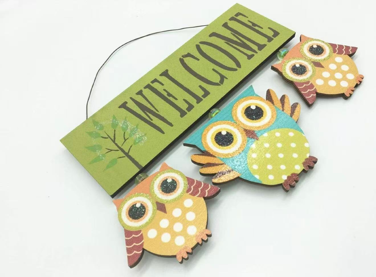 Primitive Country Wood Welcome Owl Sign Door Hanging Owls Decor Wall Art (GREEN)