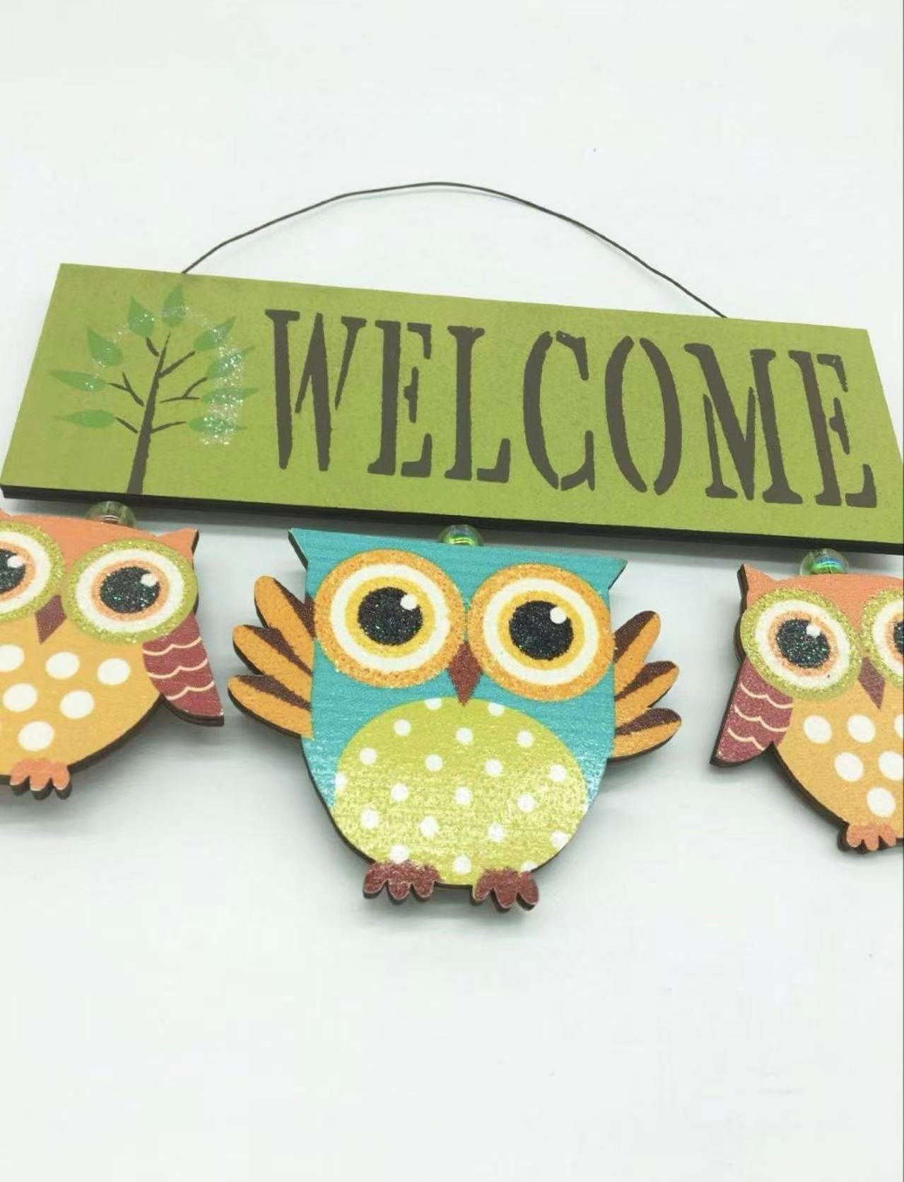 Primitive Country Wood Welcome Owl Sign Door Hanging Owls Decor Wall Art (GREEN)