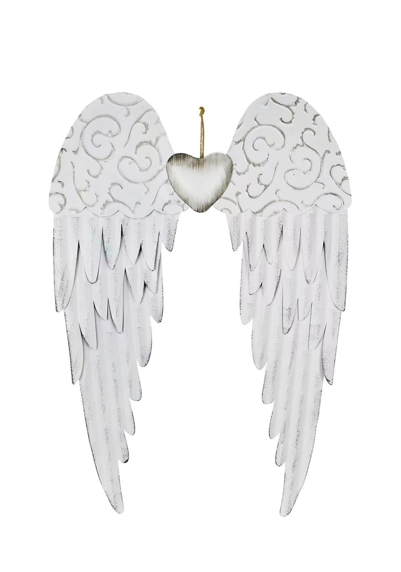 Angel Wings Wall Decor: Antique Metal Wings with Heart, Decorative Sculpture for Indoor/Outdoor Use (Bedroom, Living Room, Garden).