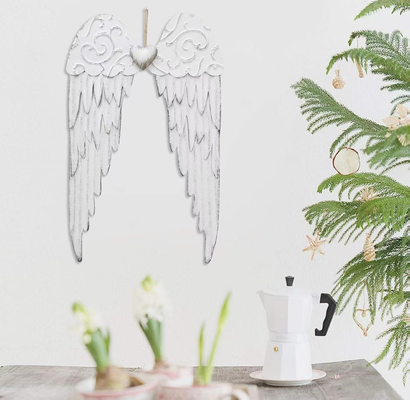 Angel Wings Wall Decor: Antique Metal Wings with Heart, Decorative Sculpture for Indoor/Outdoor Use (Bedroom, Living Room, Garden).