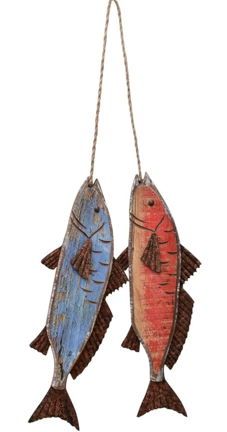Wooden Fish Wall Decor – Rustic Nautical Beach Theme Sculpture for Bathroom, Bedroom, or Lake House. Red&Blue