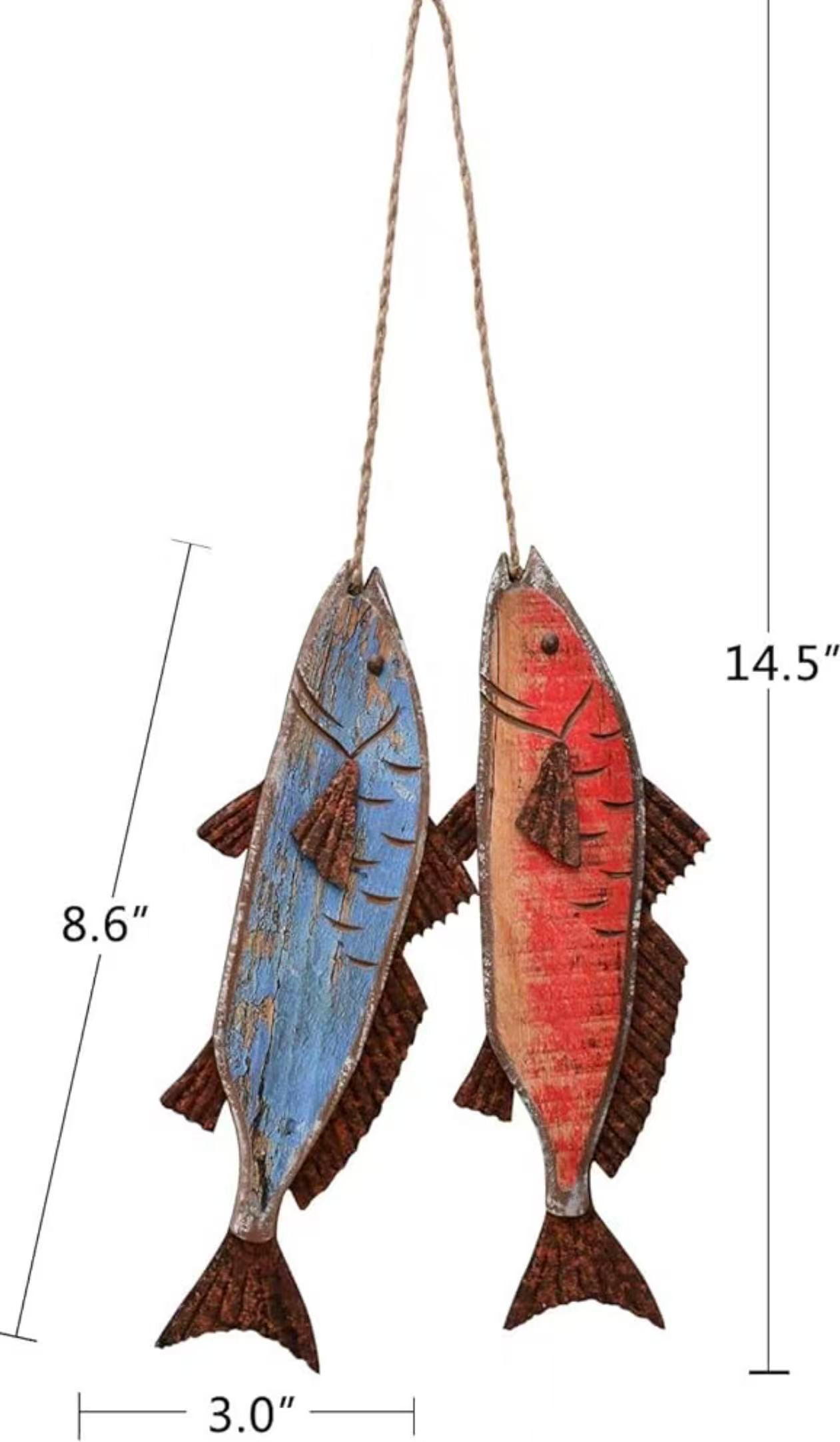 Wooden Fish Wall Decor – Rustic Nautical Beach Theme Sculpture for Bathroom, Bedroom, or Lake House. Red&Blue