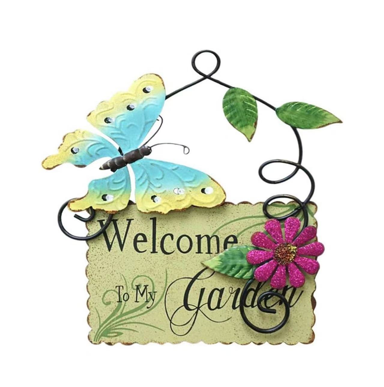Metal Garden Welcome Sign: Features butterfly decor, perfect for outdoor garden and yard decoration.