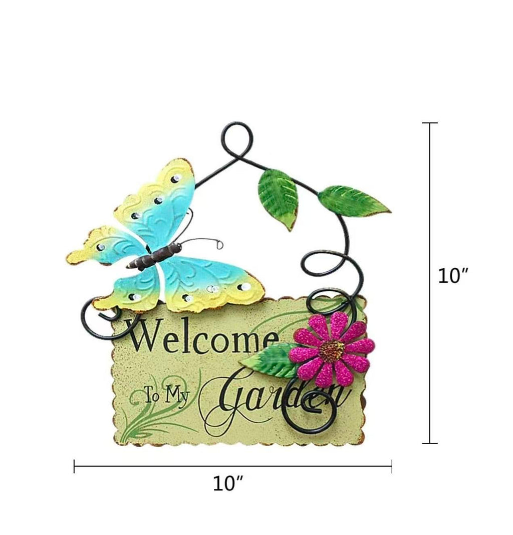 Metal Garden Welcome Sign: Features butterfly decor, perfect for outdoor garden and yard decoration.