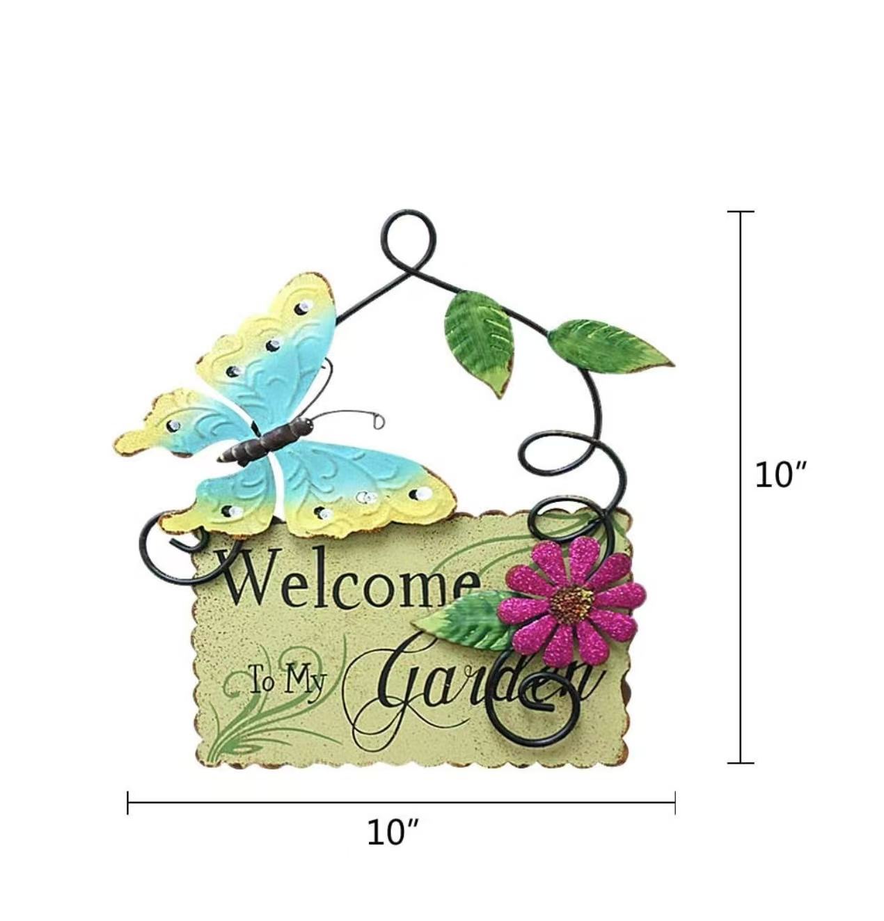 Metal Garden Welcome Sign: Features butterfly decor, perfect for outdoor garden and yard decoration.