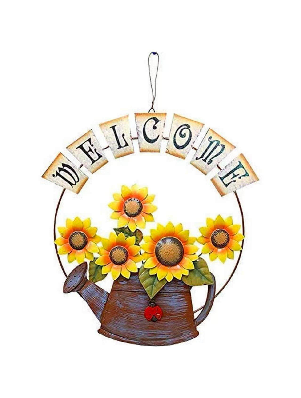 Sunflower Welcome Sign: Vintage metal design with sunflower and watering can, 15.5" x 14". Charming Home Decor: Perfect for front doors or garden, adds a warm welcome to your space.