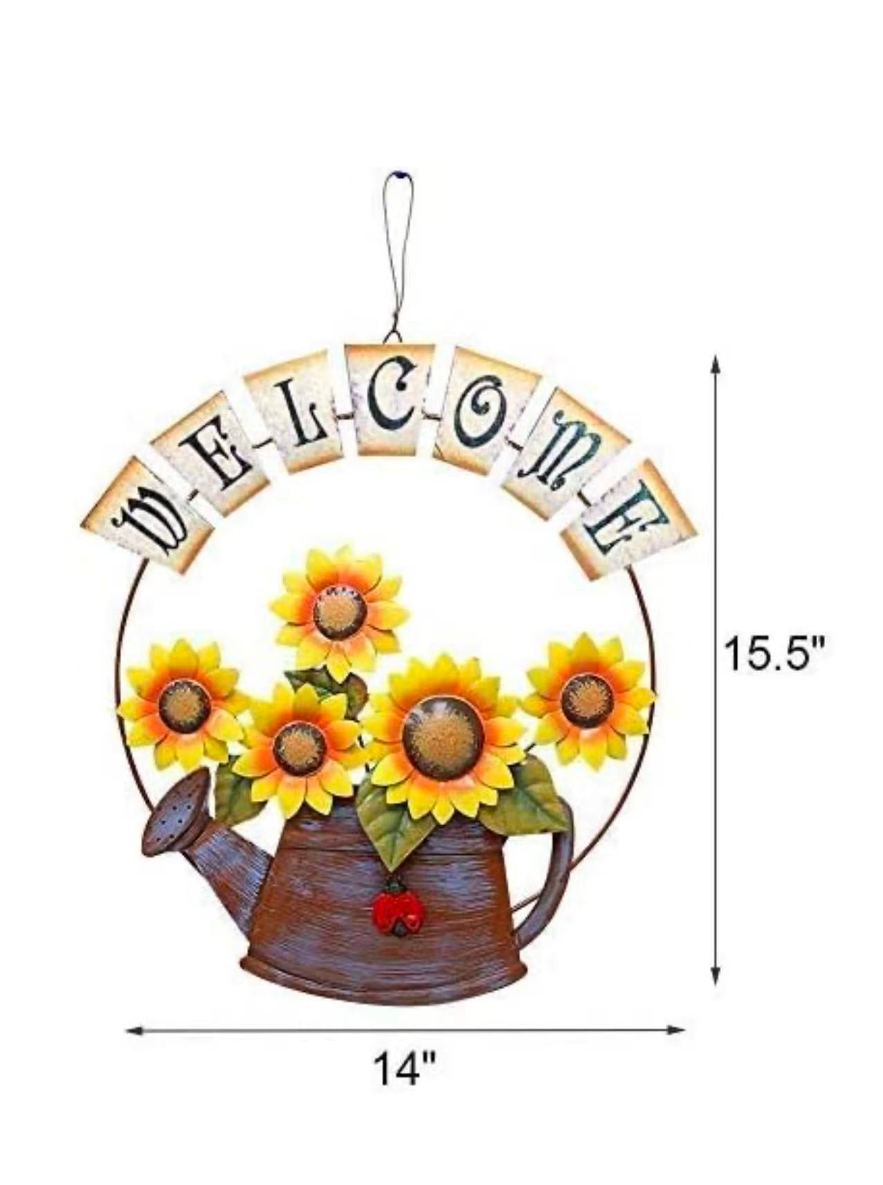 Sunflower Welcome Sign: Vintage metal design with sunflower and watering can, 15.5" x 14". Charming Home Decor: Perfect for front doors or garden, adds a warm welcome to your space.