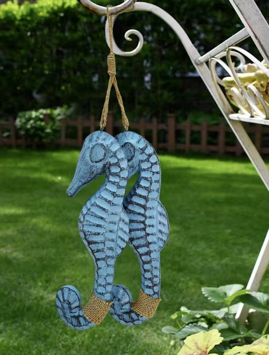 Set of 2 Wooden Sea Horse Wall Decor – Nautical Ocean Beach Hanging Decoration