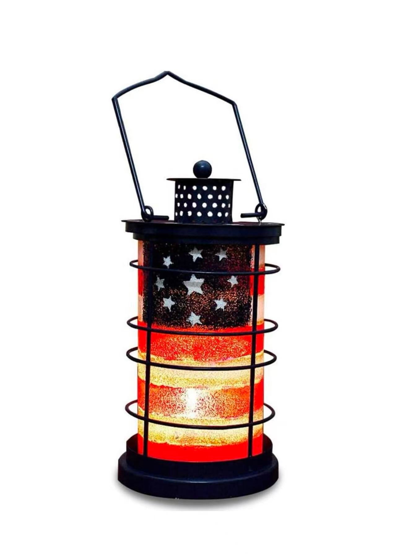 Patriotic Metal Candle Lantern – Rustic American Flag Decorative Hanging & Tabletop Holder