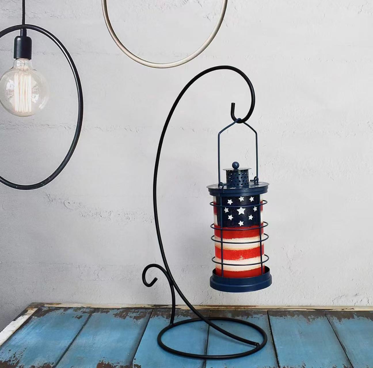 Patriotic Metal Candle Lantern – Rustic American Flag Decorative Hanging & Tabletop Holder