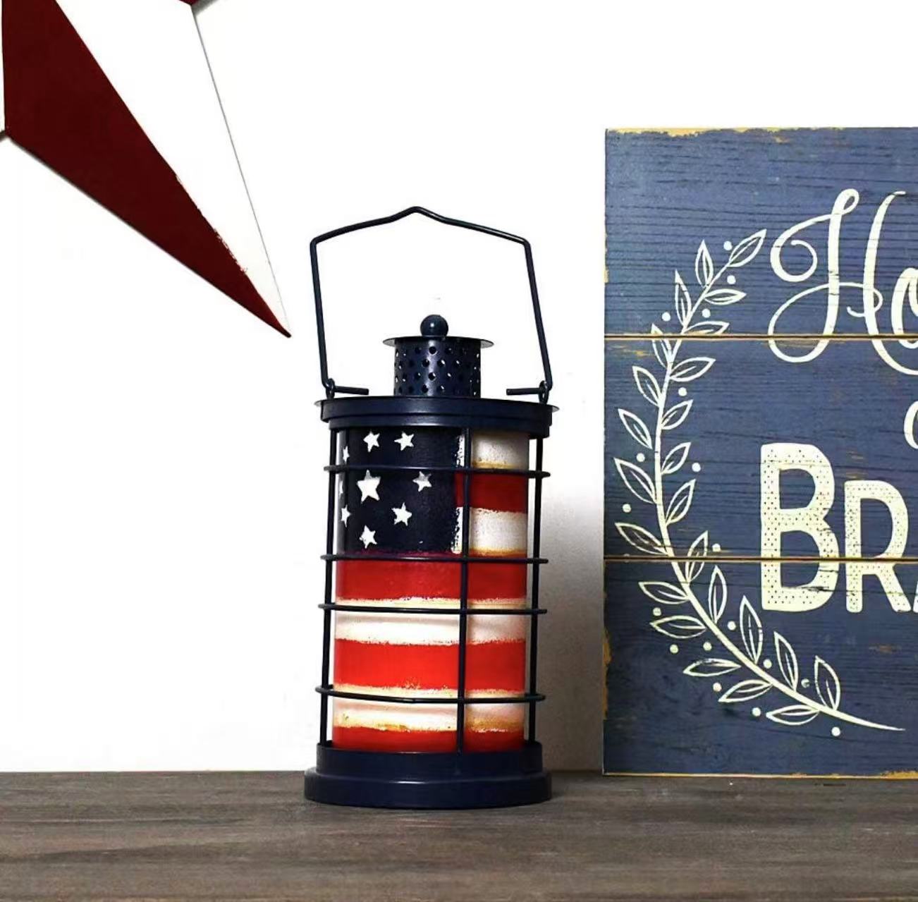 Patriotic Metal Candle Lantern – Rustic American Flag Decorative Hanging & Tabletop Holder