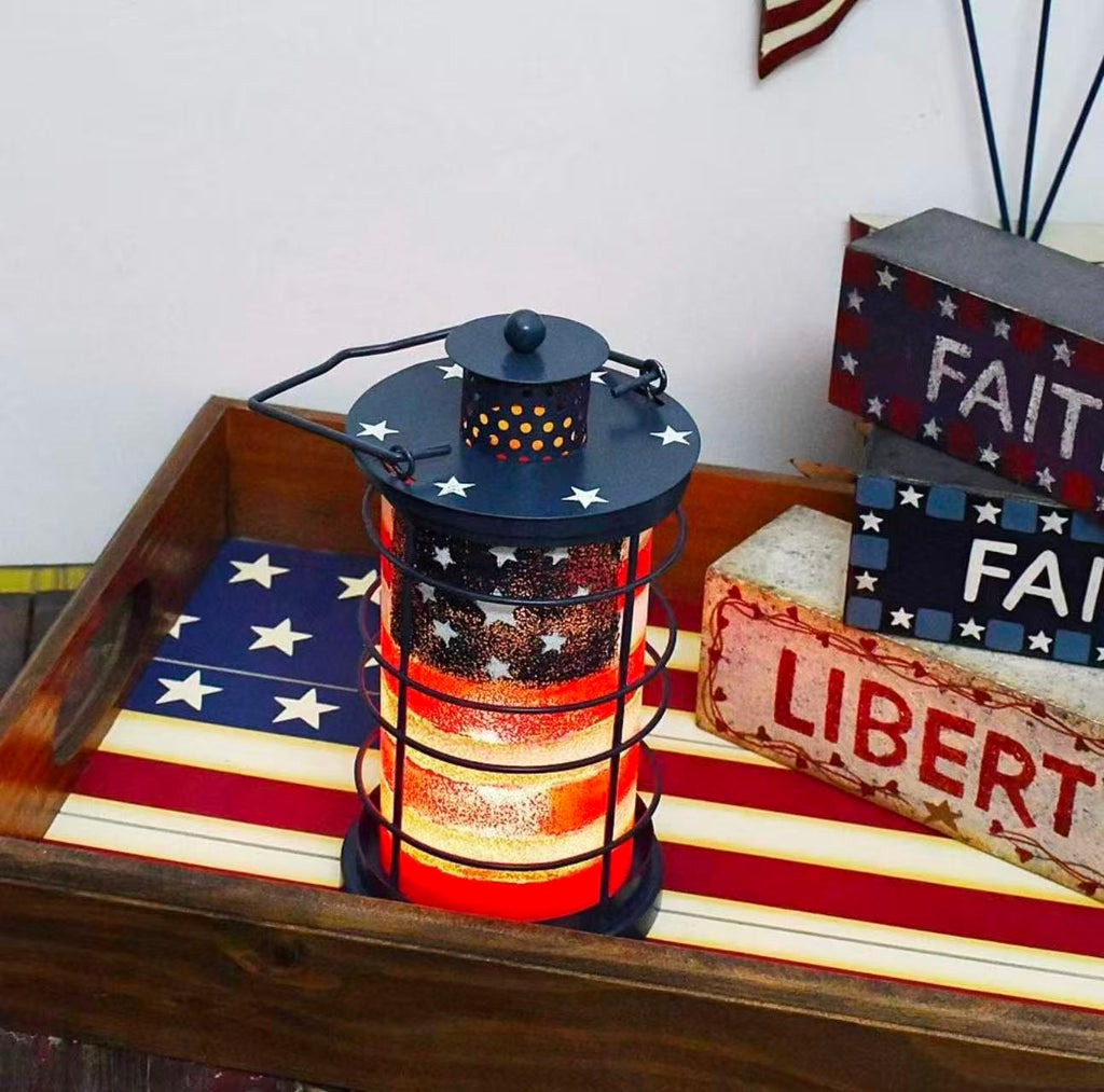 Patriotic Metal Candle Lantern – Rustic American Flag Decorative Hanging & Tabletop Holder